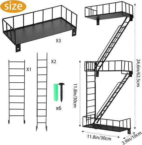 Miniatura 3 de Zonon Estante de pared de escape de incendios, estantes de escalera de metal, decoración de pared, estantes flotantes, estante de figura de acción