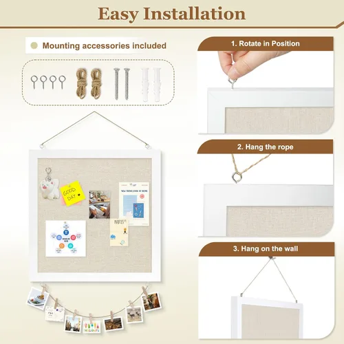 Miniatura 4 de Tablero de corcho de doble cara con lino, tablero de anuncios pequeño con marco de madera colgante de 12 x 12 pulgadas, kit de tablero de visión