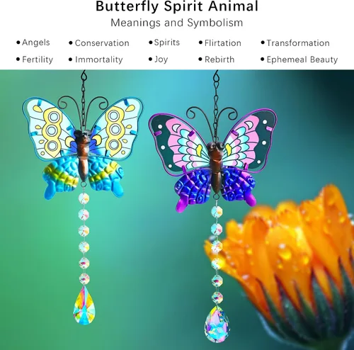 Miniatura 4 de Juego de 2 atrapasoles de mariposa de metal para ventanas – Decoración de pared de valla al aire libre de 14 pulgadas, prismas arcoíris