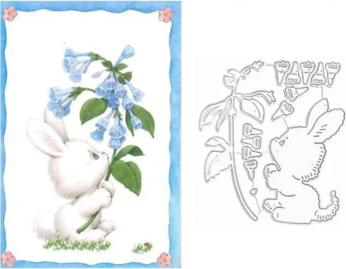 Troqueles de metal con diseño de flores de conejo de Pascua, feliz conejo, lirio, hojas, marco, troqueles de corte, plantillas cortadas para álbumes