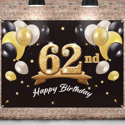 Fondo de pancarta de feliz cumpleaños 62, suministros de decoración de fiesta de cumpleaños 62 para hombres, color negro y dorado, 4 x 6 pies