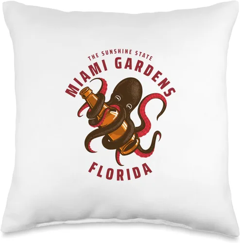 MIAMI GARDENS FLORIDA USA Clothing Co. Vintage Retro Miami Gardens Florida Octopus Beer Throw Pillow, 16x16, Multicolor