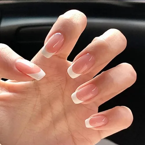 Miniatura 9 de 24 uñas postizas a presión de punta francesa, uñas acrílicas medianas falsas/falsas con diamantes de imitación de flores, diseños de punta francesa
