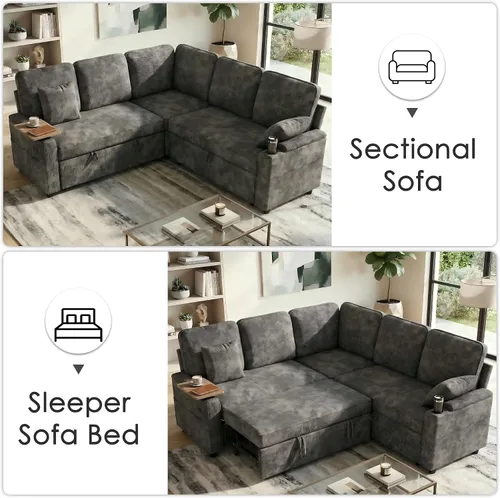Miniatura 8 de Sofá modular de 81 pulgadas, sofá cama de 5 plazas en forma de L con cama extraíble, almacenamiento oculto, portavasos y puertos de carga USB, sofás
