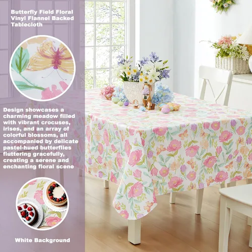 Miniatura 2 de Newbridge Butterfly Field - Mantel de vinilo floral con parte trasera de franela, 52 x 52 pulgadas, cuadrado, flores pastel y mariposas con parte