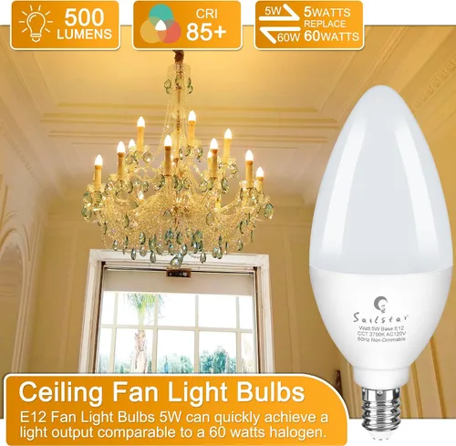 Miniatura 2 de Bombillas LED E12 de Sailstar, equivalentes a 60 W, 500 lúmenes, bombillas de luz para ventilador de techo, blanco suave 2700 K, tipo B, bombilla
