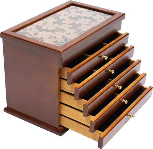 Joyero para mujer, caja organizadora de joyería de 6 capas, gabinete de joyería vintage, caja de madera, organizador de collares, cajas de joyería