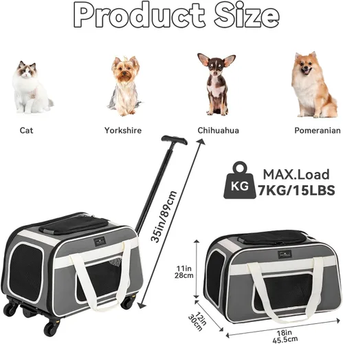 Miniatura 2 de PETSFIT Transportador para gatos aprobado por aerolíneas con ruedas diseñado para perros/gatos pequeños con cuerda de seguridad ajustable y ruedas