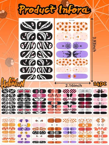 Miniatura 2 de EBANKU 14 calcomanías adhesivas de esmalte de uñas de Halloween, lindos murciélagos fantasmas, telarañas, tiras de uñas de esqueleto, con lima
