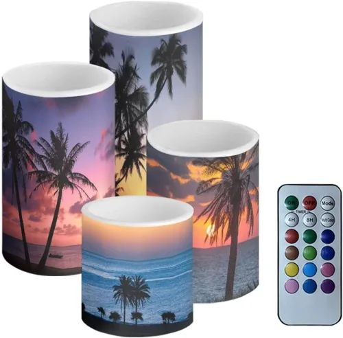 Miniatura 44 de Velas LED parpadeantes operadas por batería, juego de 4 con control remoto y temporizador, velas de llama danzante, velas de pilar para mesa, Playa