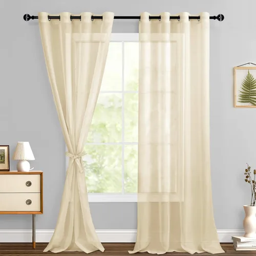 Miniatura 15 de Hiasan - Cortinas traslúcidas de gasa cortas semitransparentes con ojales y alzapaños filtrantes de luz para ventana, dormitorio, baño, 2 paneles