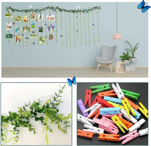 Miniatura 4 de Expositor de fotos para colgar en la pared con clip, juego de collage de marcos de fotos de hojas de árbol de vid artificiales con 40 clips y 8