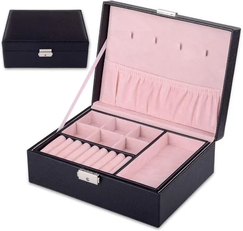 Kendal 2 bandejas de cuero negro viaje joyero caja organizador de almacenamiento con cerradura LJT004BK