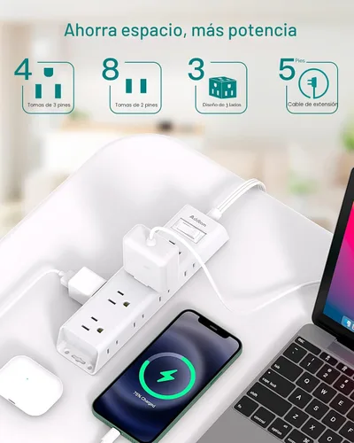 Miniatura 3 de ADDTAM - Tira de alimentación de enchufe plano, cable de extensión plano ultradelgado - ADDTAM 12 enchufes AC de lados 3 múltiples, 5 pies, Blanco