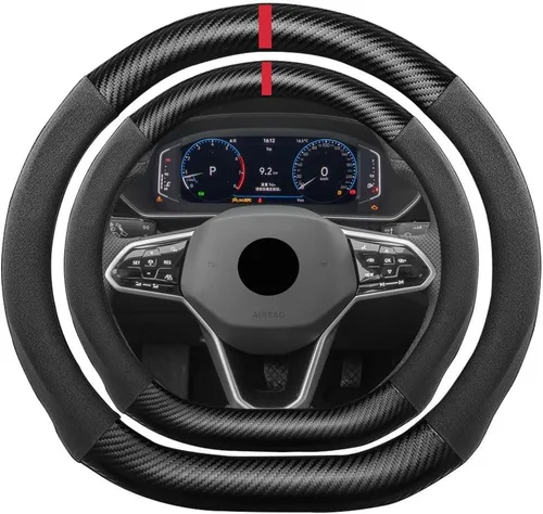 Miniatura 60 de Funda de volante de ante con fibra de carbono de K LAKEY, compatible con Porsche 718 Boxster Cayman 911 Panamera Macan Cayenne de 15 pulgadas, cuero