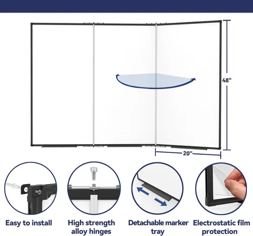 Miniatura 3 de Pizarra blanca grande para pared, pizarra magnética de borrado en seco, plegable de 60 x 48 pulgadas, marco de aluminio negro, con 3 bandejas