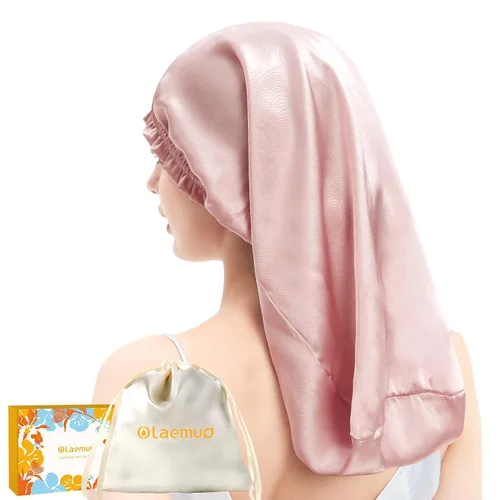 Miniatura 10 de Gorro largo 100% seda de morera para mujeres durmientes, gorro de seda de grado 6A con cabeza elástica, gorro de noche sedoso para trenzas de Beige