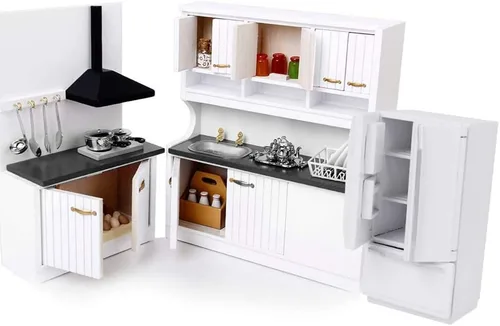 Miniatura 5 de 1/12 Casa de muñecas en miniatura, muebles de casa de muñecas, nevera blanca de madera, accesorios de decoración de casa de muñecas