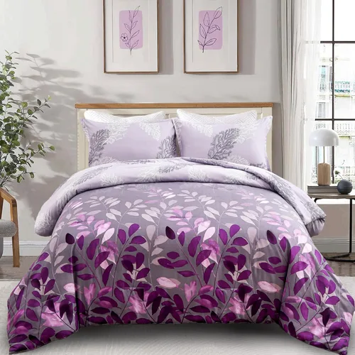 DJY Juego de edredón de color morado, tamaño King, edredón de hojas botánicas para cama King, juego de edredón reversible floral de 3 piezas, juego