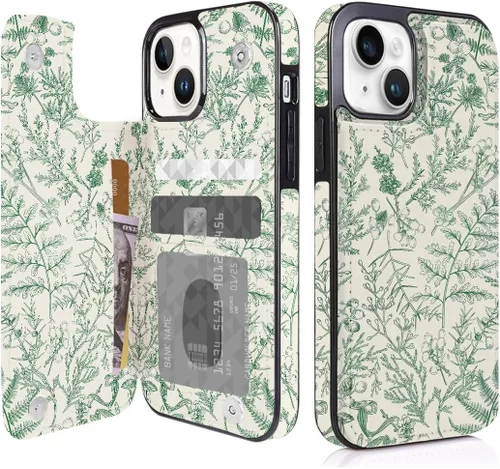Miniatura 23 de Funda compatible con iPhone 14/15 con tarjetero y ranuras integradas de piel sintética con función atril y a prueba de golpes para iPhone 14/15