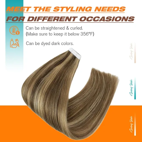 Miniatura 4 de Sunny Hair - Extensiones de cabello humano real para mujer, con cinta adhesiva invisible, Remy, color castaño oscuro con reflejos de color rubio