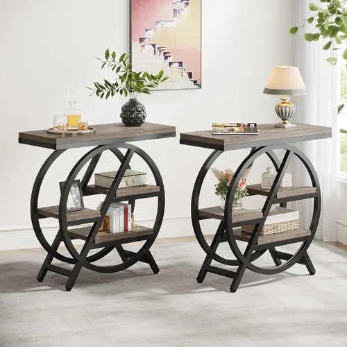 Miniatura 10 de Tribesigns Mesa auxiliar para sala de estar, mesa auxiliar estrecha de 3 niveles con almacenamiento, mesa auxiliar de sofá de madera con marco