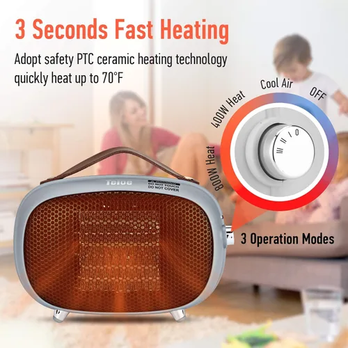 Miniatura 3 de Calentador de Espacio, Mini Calentador de Espacio Eléctrico Teioe 800W/400W, Pequeño Calentador de Cerámica PTC con Protección contra Vuelco y Gris