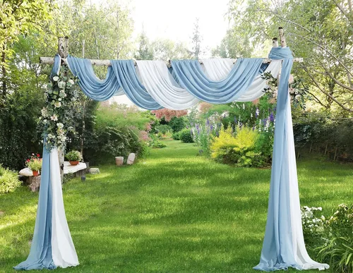 Warm Home Designs - Cortina de gasa para arco de boda de color blanco y azul polvoriento. Par de decoraciones de arco de boda de lujo de 216