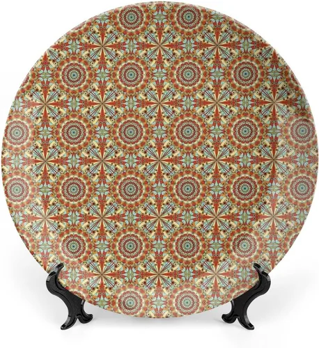 Platos decorativos, adorno de impresión árabe, patrón geométrico colorido con arte étnico, 7 pulgadas, 1 plato con 1 soporte de exhibición,