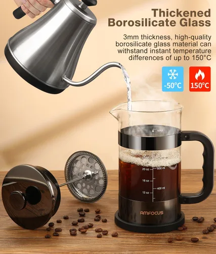 Miniatura 3 de Cafetera de prensa francesa, prensa de café clásica de 34 onzas, resistente al calor, cafetera de vidrio de borosilicato con filtros de desmontaje