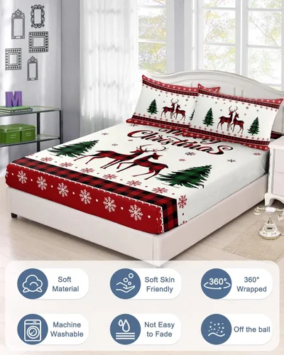 Miniatura 2 de Sábanas bajeras de tamaño individual con diseño de reno de Navidad, con bolsillo profundo de hasta 16 pulgadas, diseño de copo de nieve blanco