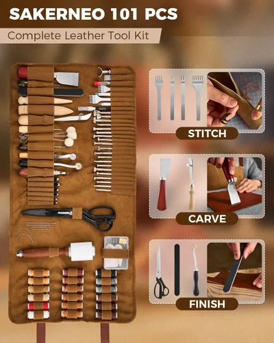 Miniatura 2 de SakerNeo Herramientas de trabajo de cuero, 101 piezas de acero inoxidable y mango de madera, kit de costura con cinceles de costura de 0.157 in