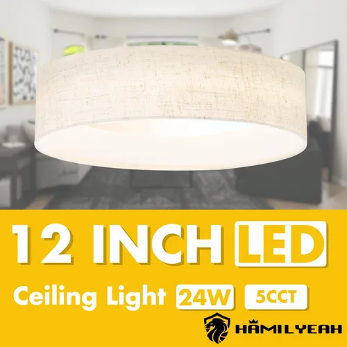 Miniatura 6 de Hamilyeah Lámpara de techo de montaje empotrado de 24W, lámpara de techo LED regulable con pantalla de tela beige de 5CCT, lámpara de techo