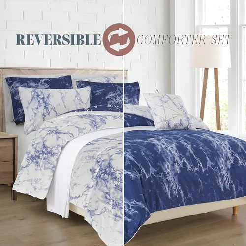 Miniatura 4 de Elegant Comfort Juego de edredón reversible de 10 piezas, estampado de mármol, almohada decorativa y sábana bajera con bolsillos inteligentes, Azul