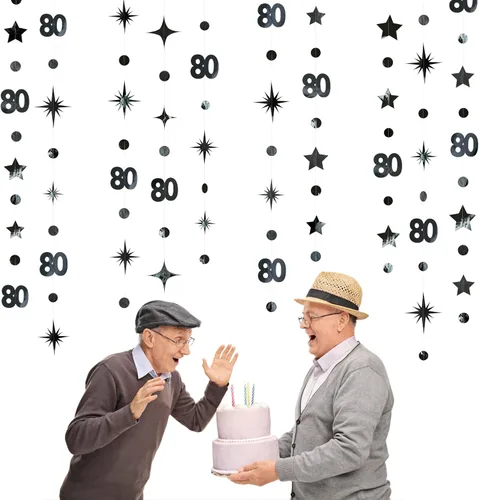 Miniatura 4 de Decoraciones negras de cumpleaños número 80, guirnalda de estrellas centelleantes con número 80, telón de fondo metálico para mujeres, hombres