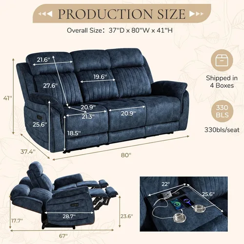 Miniatura 2 de Sofá reclinable eléctrico con gravedad cero, sillón reclinable eléctrico con reposacabezas ajustable, carga inalámbrica, puertos USB/C, sofá Azul