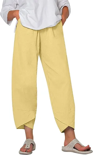 Miniatura 24 de Pantalones Capri de Lino de Algodón para Mujer 2025, Pantalones Palazzo Recortados Casuales con Estampado, Cintura Elástica, Pantalones Holgados