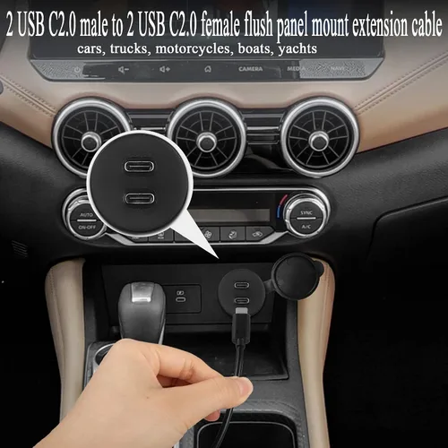 Miniatura 3 de QIANRENON 2 USB C roscado montaje empotrado cable impermeable doble USB C 2.0 macho a hembra montaje en tablero de coche cable de extensión