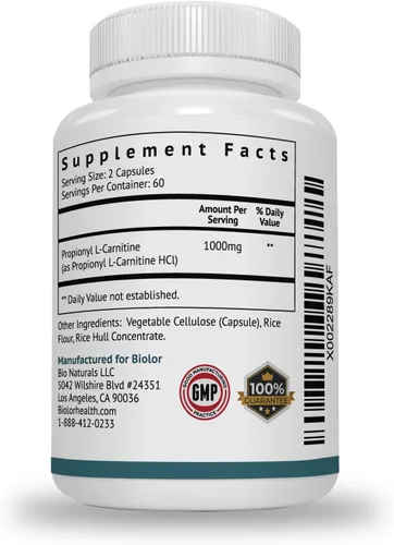Miniatura 7 de Biolor Propionil-L-carnitina (PLCAR) de alta absorción sin rellenos artificiales - Suplemento eficaz de propionil L carnitina HCL para apoyar