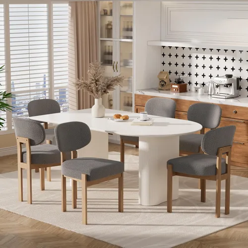 Miniatura 10 de Juego de mesa de comedor moderna para 6, 7 piezas, color crema, mesa de comedor ovalada blanca de 63 pulgadas con 6 sillas beige para apartamento, 1