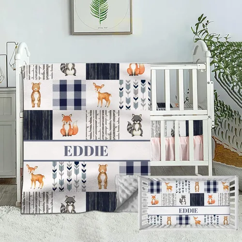 Miniatura 11 de Juego de cama personalizado para bebé, edredón para cuna con nombre personalizado y sábana bajera para niños y niñas, color verde vaca de tierra