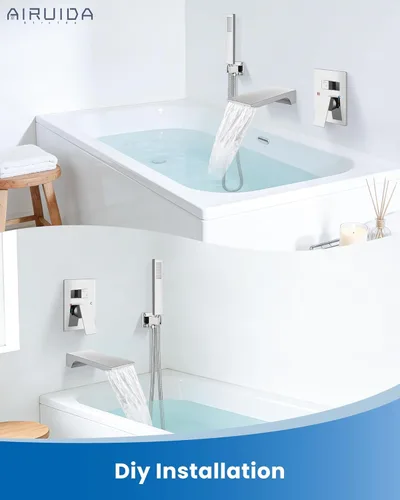 Miniatura 7 de Airuida Grifo de bañera de montaje en pared con boquilla de cascada, grifo de bañera montado en la pared con ducha de mano de una sola manija, cromo