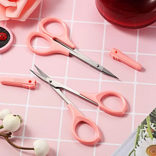Miniatura 6 de Paquete de 2 tijeras de cejas curvadas de 4 pulgadas, tijeras pequeñas de acero inoxidable para recortar pestañas faciales y vello de nariz (rosa)