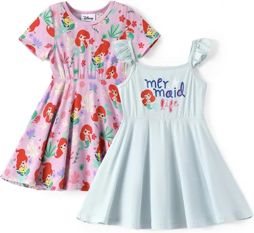 Disney Vestidos de princesa Frozen Stitch Minnie para niña, paquete de 2 unidades, manga corta con volantes, suave de viscosa de bambú, traje de