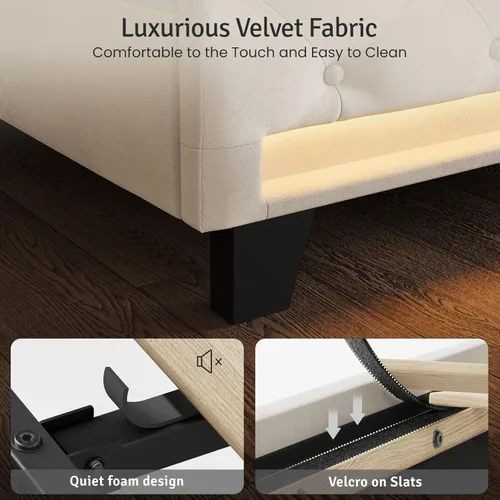 Miniatura 7 de Belffin Armazón de Cama Tamaño King con Cabecero, Cabecero Tapizado de Terciopelo de 50 pulgadas de Alto, Cama Plataforma con Luces LED y 2 Puertos