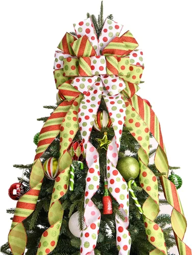 Miniatura 8 de Adorno de lazo grande para punta de árbol de Navidad y corona, lazo con cinta roja de arpillera y borde blanco de poliéster, para hogar, Acción