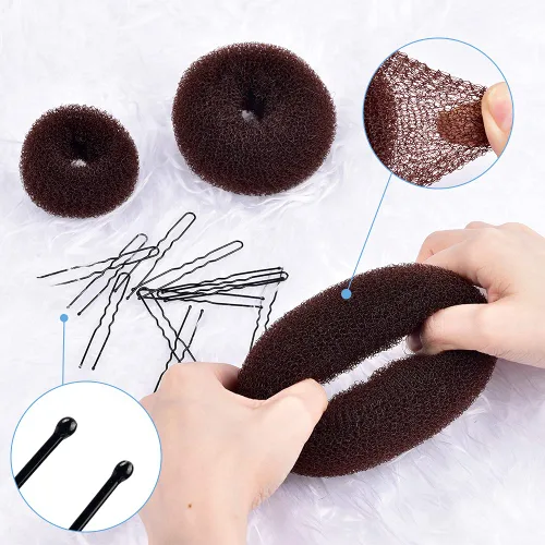 Miniatura 3 de TsMADDTs Máquina para hacer moños de pelo en forma de dona, 3 piezas, color marrón oscuro, estilo anillo, con 20 horquillas en forma de U para bailar