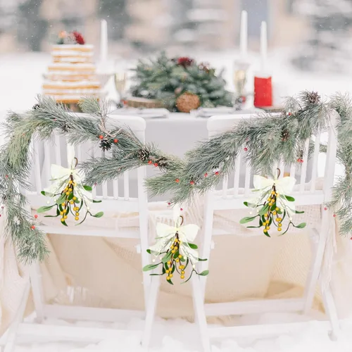 Miniatura 6 de Chunyin 2 piezas de muérdago de decoración navideña artificial de muérdago, decoración navideña con bayas y lazo de cinta blanca, bola de beso