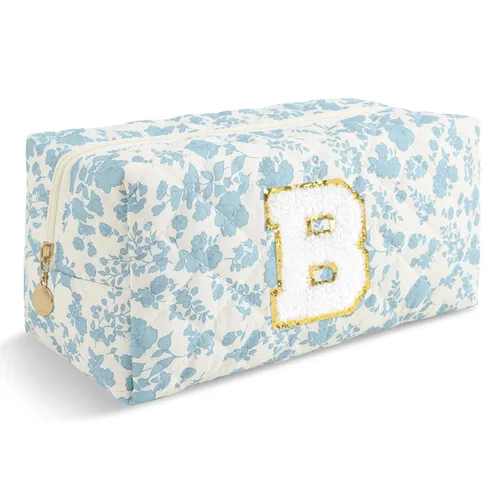 Miniatura 390 de Pequeña bolsa de maquillaje personalizada con inicial A-Z Preppy Patch, bolsa de cosméticos de viaje de felpilla blanca con cremallera, bonita bolsa