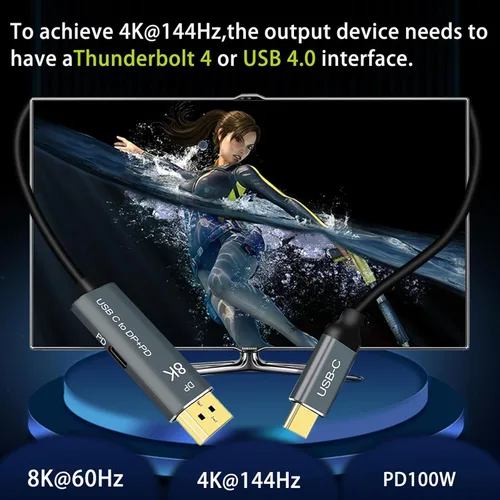 Miniatura 5 de Cable USB C a DisplayPort 1.4 de 3.3 pies con puerto hembra PD de 100 W [HDR, 8K @60Hz, 4K @144Hz, 2K @240Hz], cable tipo C a DP1.4, compatible